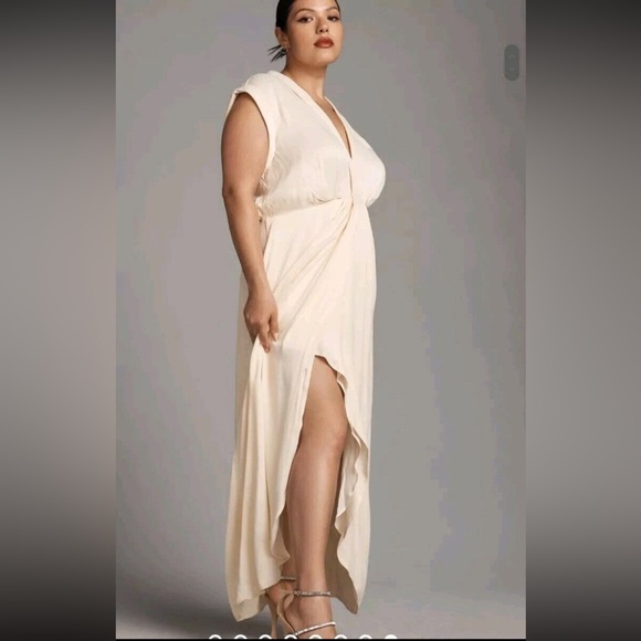 Anthropologie Sleeveless V-Neck Twist Front Ivory Satin Dress• 8 - Picture 6 of 15